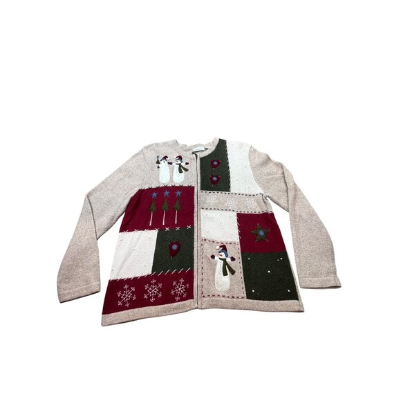 VTG Croft Barrow Womens Medium Ugly Christmas Patchwork Cardigan Sweater Snowman - Picture 1 of 7